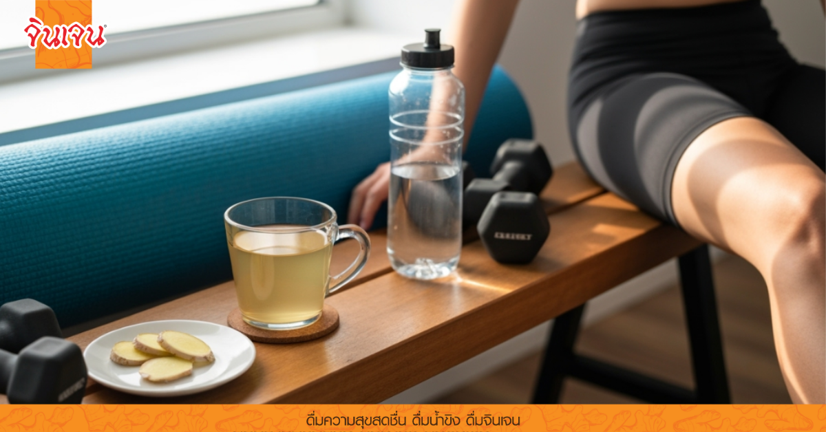 เครื่องดื่มและอุปกรณ์ฟิตเนสบนโต๊ะ