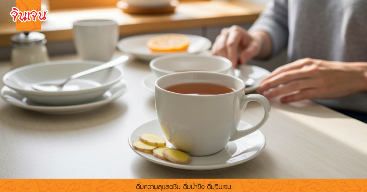 ถ้วยชาและอาหารเช้าบนโต๊ะอาหาร