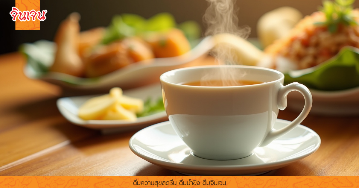 ถ้วยชาอุ่นๆ ข้างจานอาหารหลากหลาย