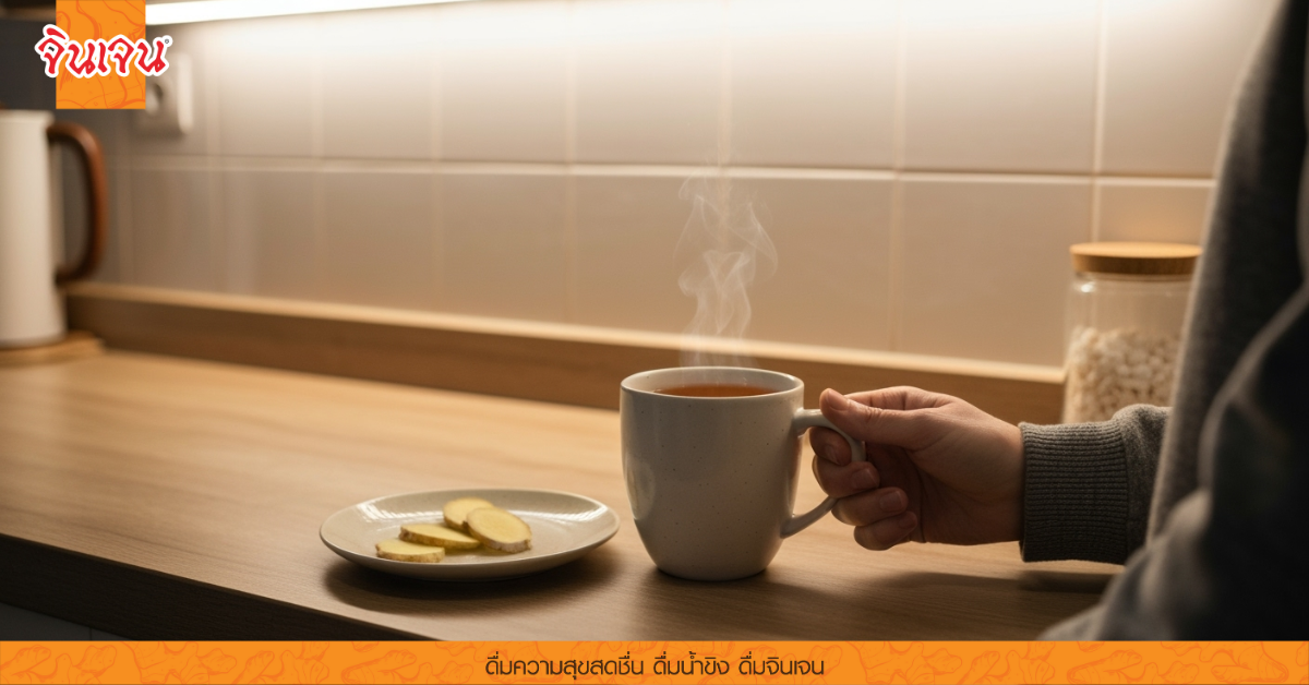 มือถือถ้วยชาภายในครัวพร้อมขิง