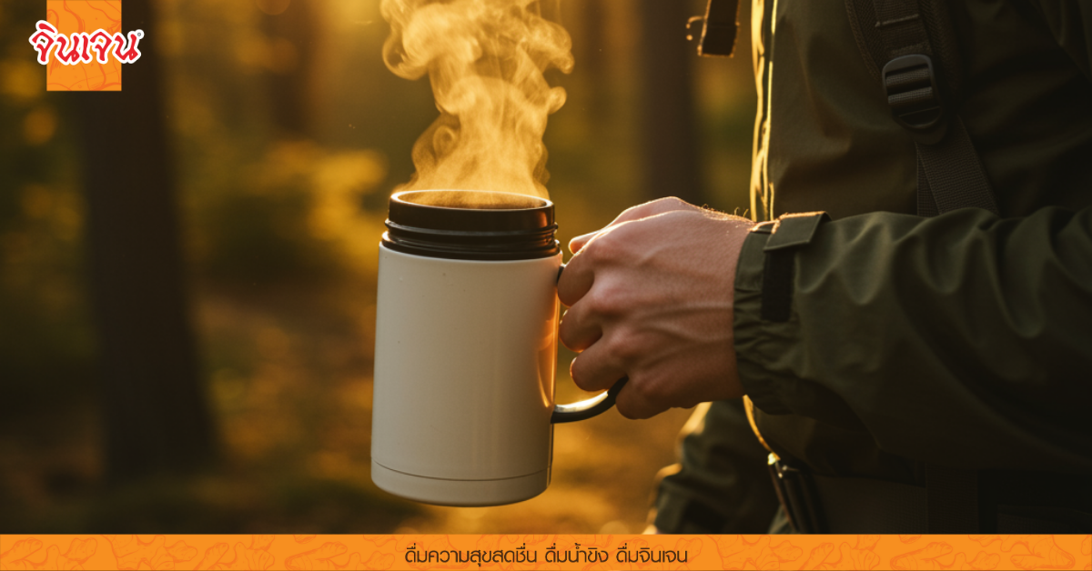 มือถือแก้วน้ำร้อนในป่าตอนเช้า