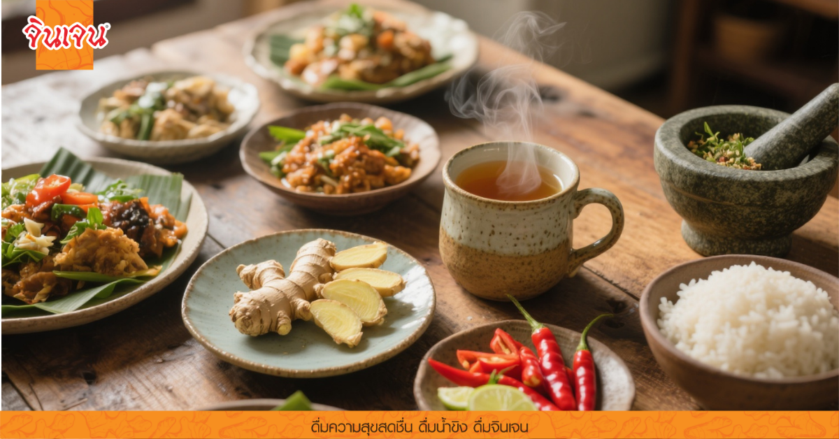 อาหารไทยหลากหลายชนิดบนโต๊ะไม้