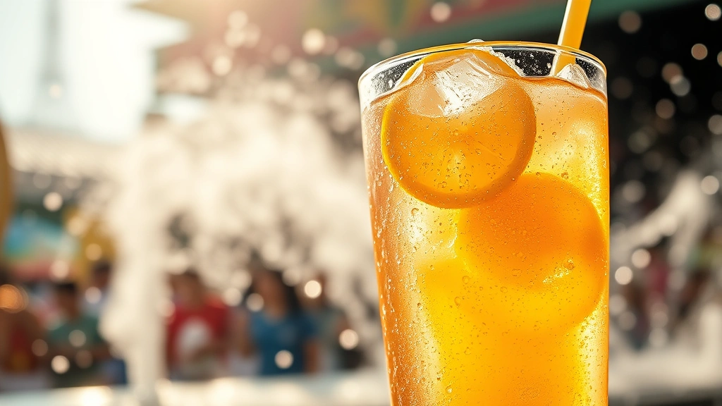 Vibrant photo, close-up on a tall frosty glass filled with iced ginger-lemon-honey drink, condensation dripping, garnished with a lemon slice. In the softly blurred background, cheerful water splashing suggests the Songkran festival under bright sunlight. Refreshing, energetic, appetizing
