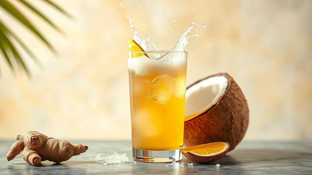Ginger Coconut Splash and Light Yellow with ginger root in glass