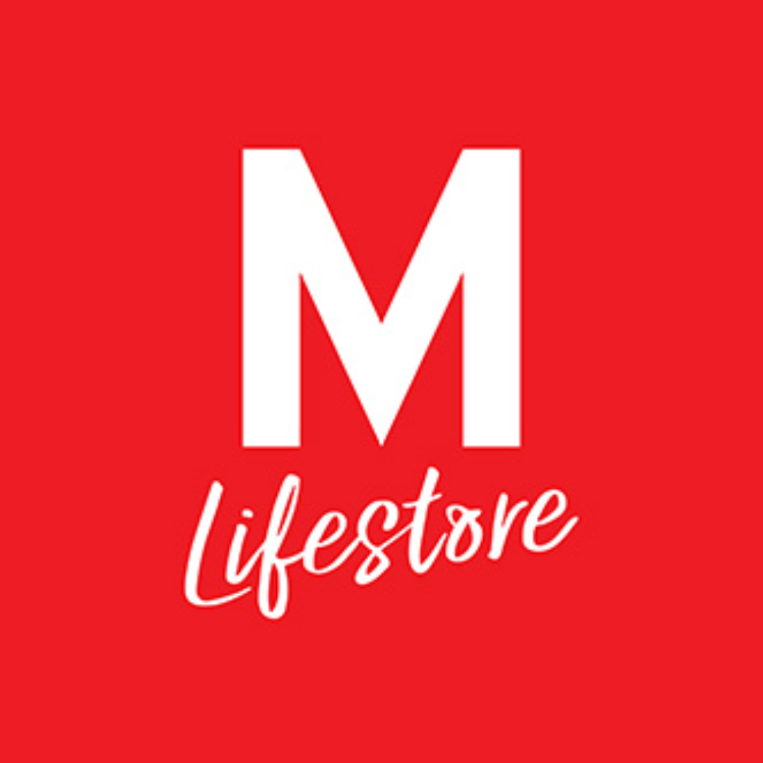 โลโก้ M Lifestore บนพื้นหลังสีแดง