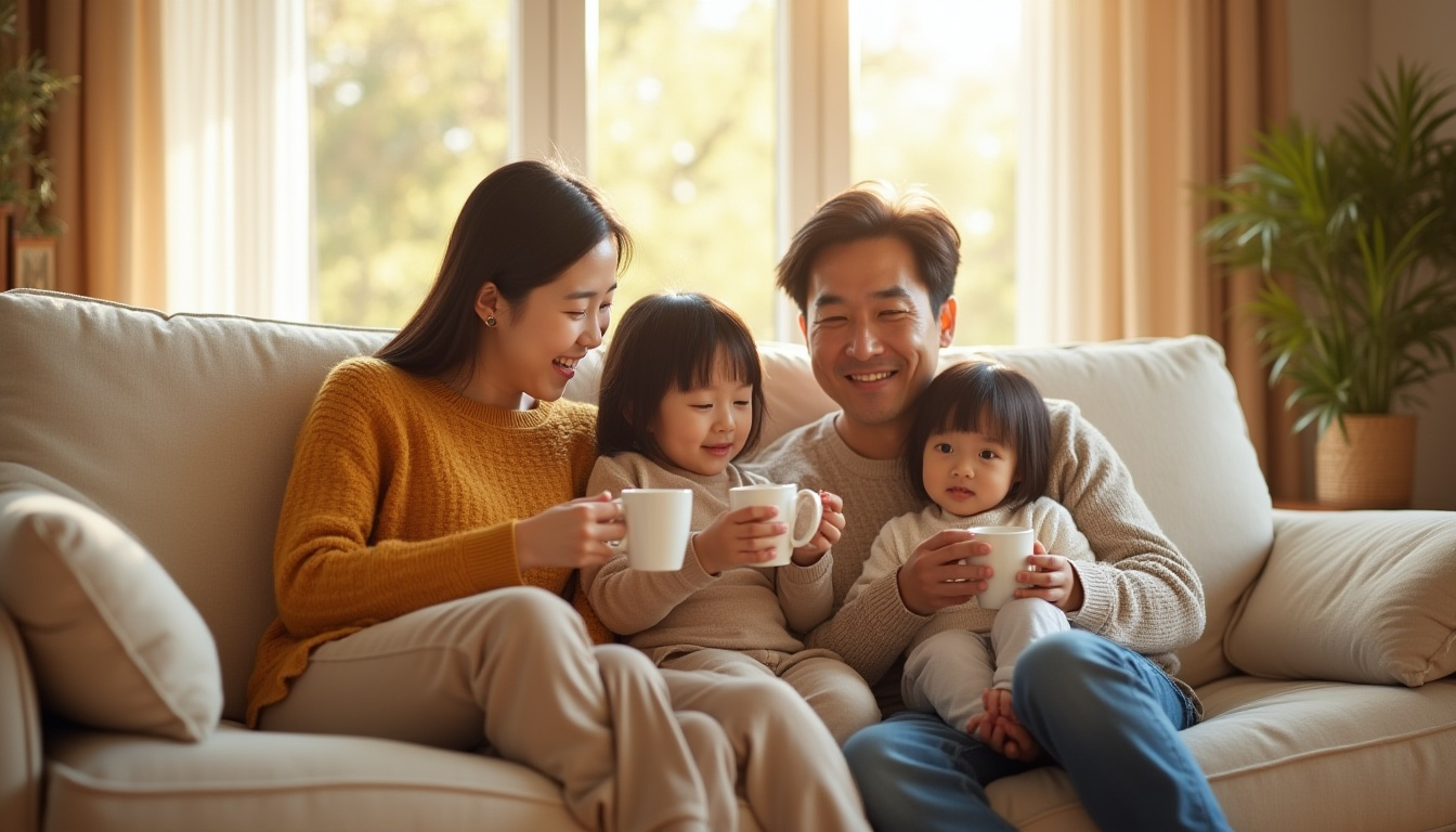 ครอบครัวนั่งอยู่บนโซฟากับกาแฟในบ้าน